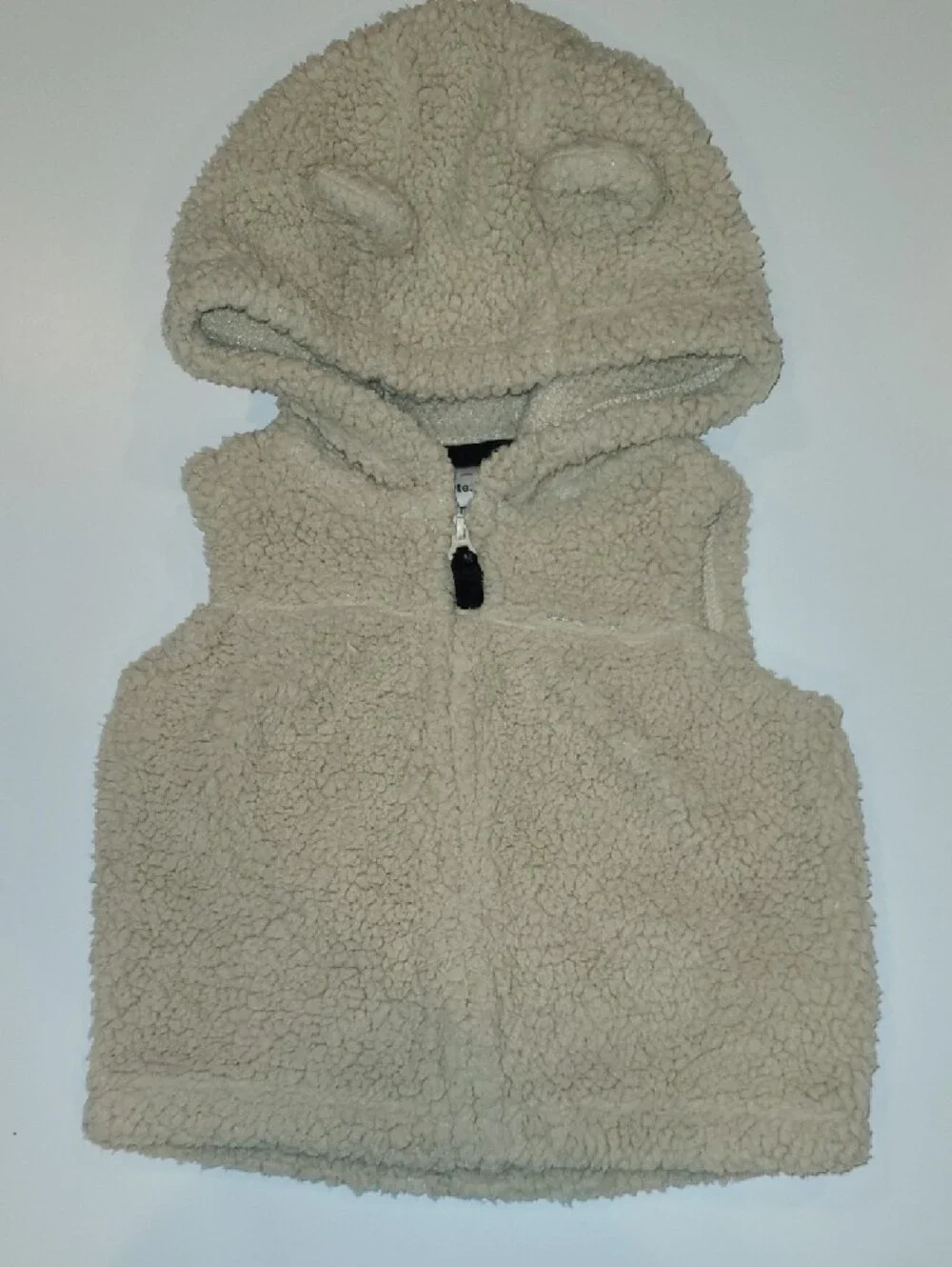 Carters Beige Sherpa Hooded Baby Vest w/ Striped Top & Patterned Leggings.